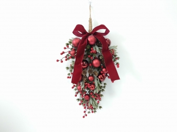 Christmas Teardrop Swag with Red Baubles, Berries, Pine Cones & Velvet Bow