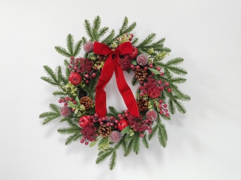 Rustic Christmas Wreath with Artificial Red Apples, Frosted Fruits, Berries and Velvet Bow