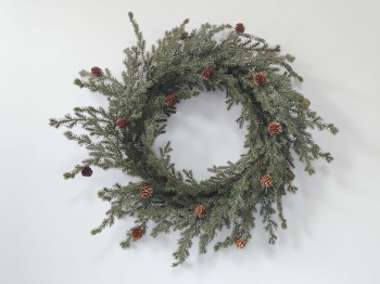 Artificial Cypress Pine Wreath with Natural Pine Cones, Rustic Plain Christmas Green Wreath