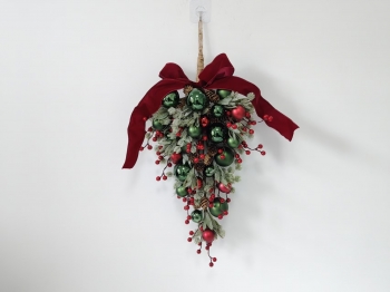 Christmas Teardrop Swag with Pine Needles, Cypress Greenery, Green Baubles, Red Berries, Pine Cones and Red Velvet Bow