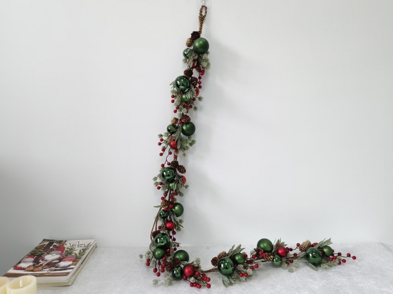 Flexible Christmas Garland with Pine Needles, Green Baubles, Red Berries and Pine Cones