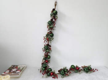 Flexible Christmas Garland with Pine Needles, Green Baubles, Red Berries and Pine Cones