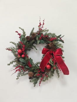Christmas Wreath with Pine Needles, Red Berries, Red Baubles, Pine Cones and Red Bow