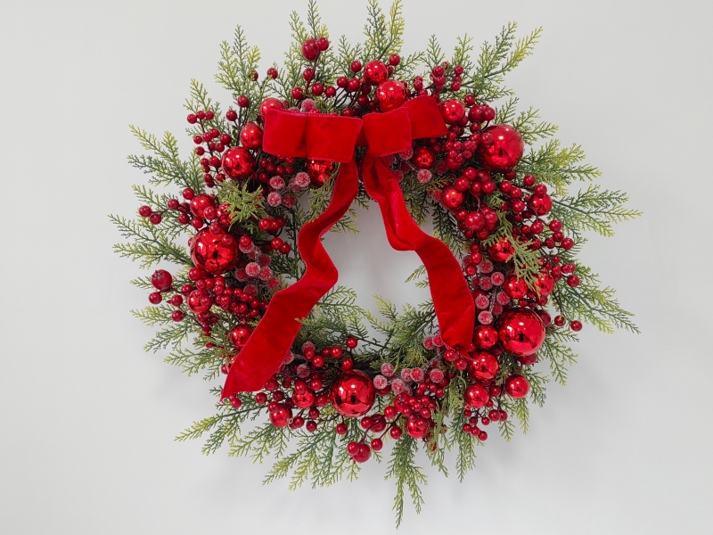 Full Cypress Christmas Wreath with Glossy Red Baubles, Frosted Berries and Velvet Bow