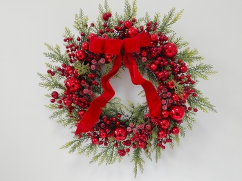 Full Cypress Christmas Wreath with Glossy Red Baubles, Frosted Berries and Velvet Bow