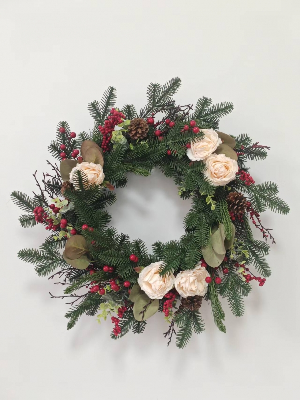 Christmas Wreath with Pine Needles, White Camellia Flowers, Red Berries and Pine Cones
