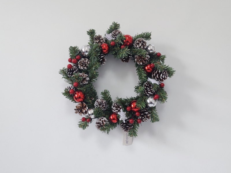 Mini Christmas Wreath with Pine Needles, Pine Cones, Silver and Red Baubles
