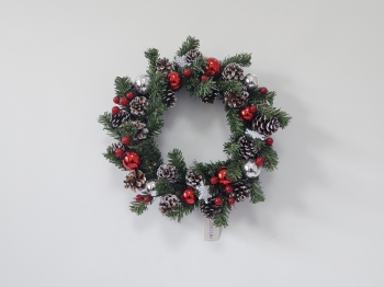 Mini Christmas Wreath with Pine Needles, Pine Cones, Silver and Red Baubles