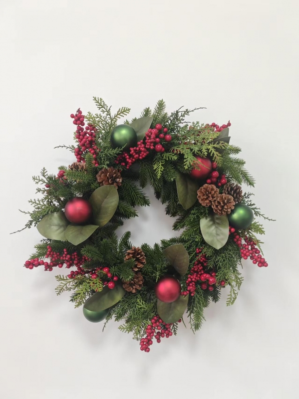 Christmas Wreath with Pine Needles, Magnolia Leaves, Red & Green Baubles, Pine Cones and Red Berries