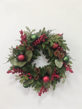 Christmas Wreath with Pine Needles, Magnolia Leaves, Red & Green Baubles, Pine Cones and Red Berries