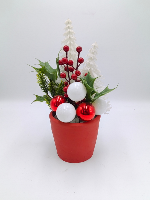Artificial Christmas Arrangement in Red Pot, White Baubles, Red Berries and Holly Leaves
