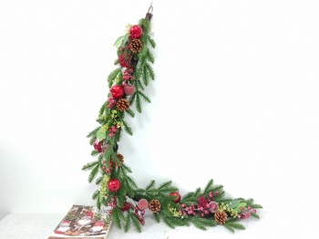 Flexible Christmas Garland with Pine Needles, Pine Cones, Red Berries and Red Baubles