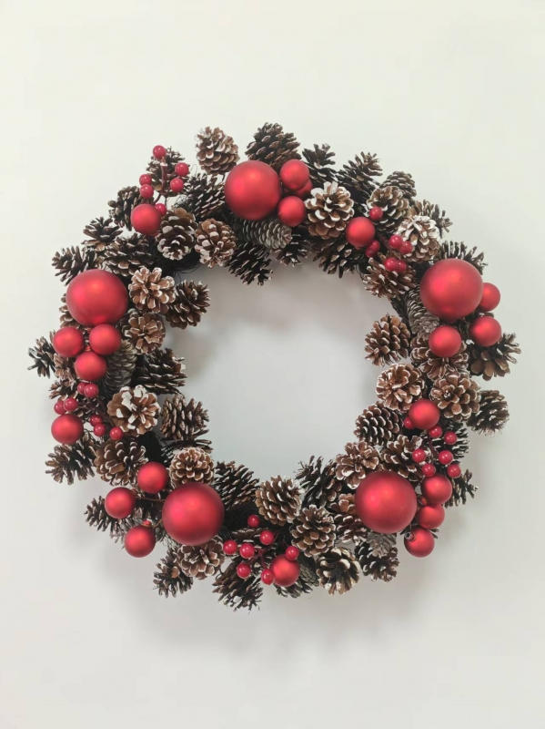 Christmas Wreath with Pine Needles, Pine Cones, Red Baubles and Silver Glitter Accents
