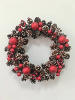 Christmas Wreath with Pine Needles, Pine Cones, Red Baubles and Silver Glitter Accents