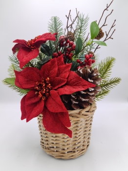 Artificial Christmas Arrangement in Woven Basket, Red Poinsettia, Pine Cones and Red Berries