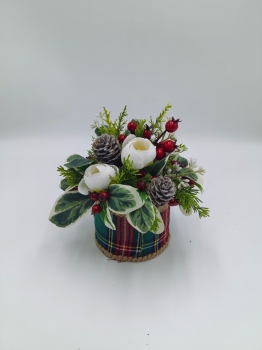 Artificial Christmas Flower Arrangement in Green Plaid Container, White Roses, Pine Cones and Red Berries