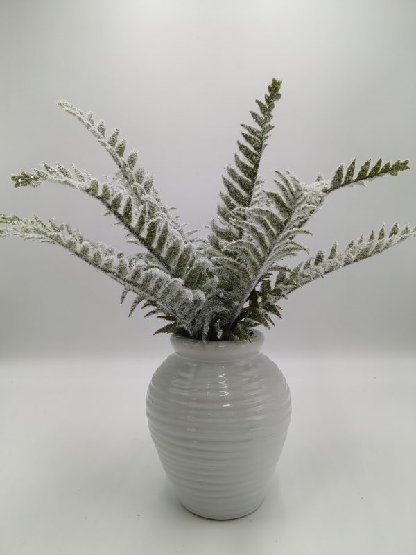 Artificial Frosted Fern Arrangement in White Ribbed Pot, Winter Greenery Potted Plant