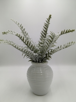 Artificial Frosted Fern Arrangement in White Ribbed Pot, Winter Greenery Potted Plant