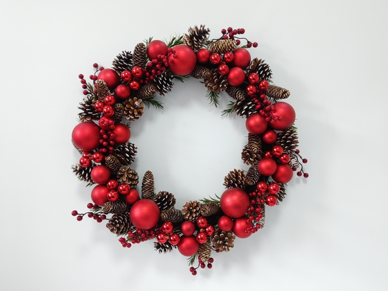Full Christmas Wreath with Assorted Red Baubles, Red Berries and Pine Cones