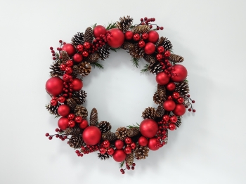 Full Christmas Wreath with Assorted Red Baubles, Red Berries and Pine Cones