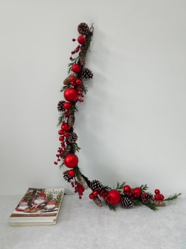 Flexible Christmas Garland with Pine Sprigs, Red Baubles and Pine Cones