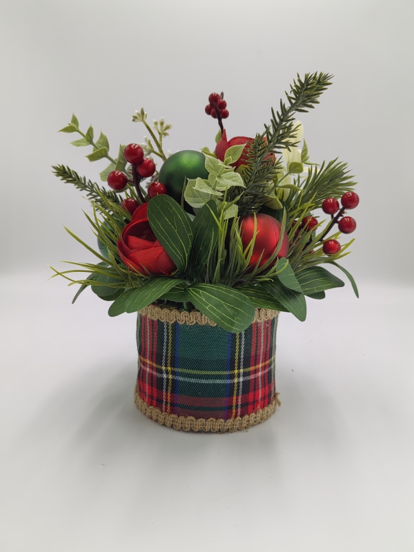 Artificial Christmas Flower Arrangement in Green Plaid Container, Red & Green Baubles, Pine Cones and Pine Needles