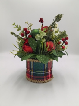 Artificial Christmas Flower Arrangement in Green Plaid Container, Red & Green Baubles, Pine Cones and Pine Needles