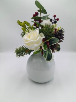 Artificial Christmas Flower Arrangement with White Vase, Roses, Pine Cones and Red Berries