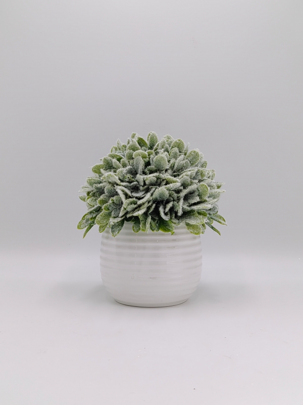 Artificial Frosted Greenery Arrangement in White Ribbed Pot, Winter Table Centrepiece