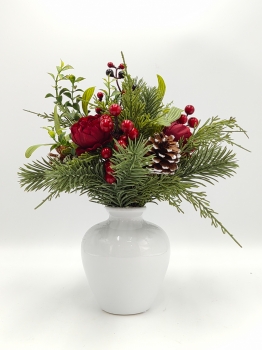Artificial Christmas Flower Arrangement with White Vase, Red Berries, Pine Cones and Roses