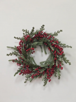Minimalist Christmas Wreath with Pine Needles, Red Berries and Pine Cones