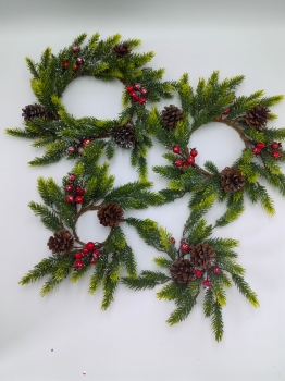 Frosted Pine Needle Red Berry Pine Cone Candle Ring, Large Medium Small Size Christmas Candle Holder Wreath