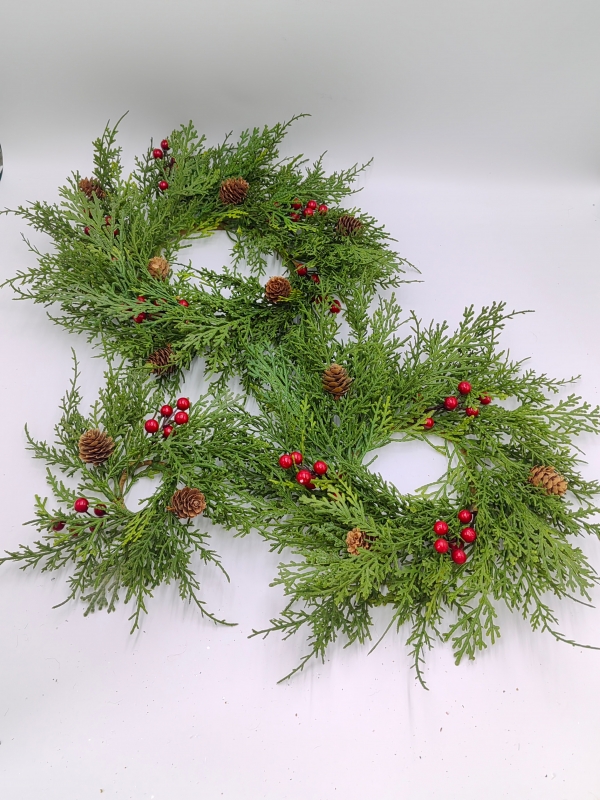Pine Needle Red Berry Pine Cone Candle Ring, Large Medium Small Size Christmas Candle Holder Wreath