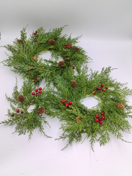 Pine Needle Red Berry Pine Cone Candle Ring, Large Medium Small Size Christmas Candle Holder Wreath