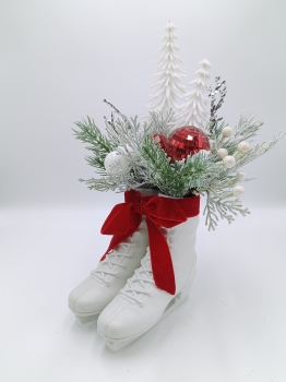 Artificial Christmas Arrangement with White Ice Skate Container, Red Bow, Frosted Pine and White Baubles