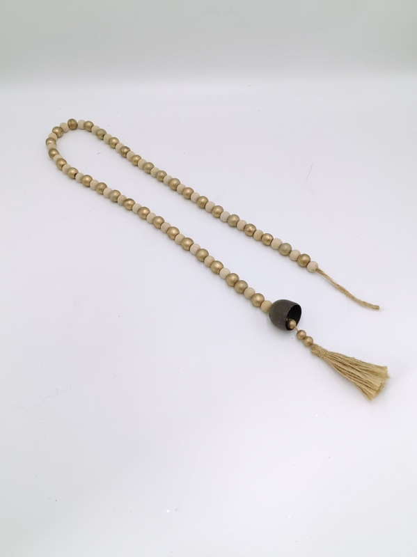 Natural Wood Bead Garland with Metal Bell and Jute Tassel, Rustic Wooden Bead Hanging Decor