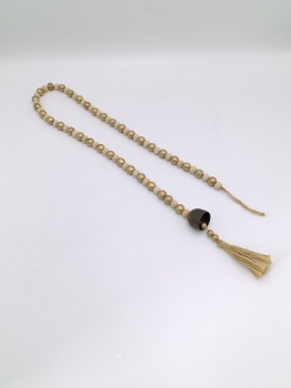 Natural Wood Bead Garland with Metal Bell and Jute Tassel, Rustic Wooden Bead Hanging Decor
