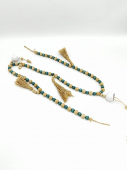 Green White Wood Bead Garland with White Bell and Double Jute Tassels, Rustic Wooden Bead Hanging Decor Green White Wood Bead Garland with White Bell and Double Jute Tassels, Rustic Wooden Bead Hanging Decor