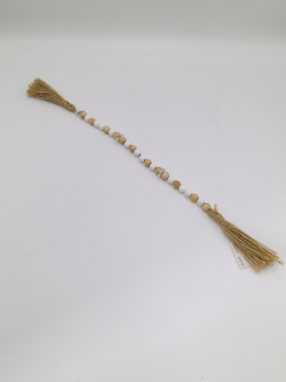 Natural Wood and White Bead Garland with Double Jute Tassels, Neutral Farmhouse Wooden Bead Hanging Decor
