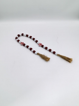 Red White Wood Bead Garland with Snowflake Accents and Double Jute Tassels, Festive Winter Hanging Decor