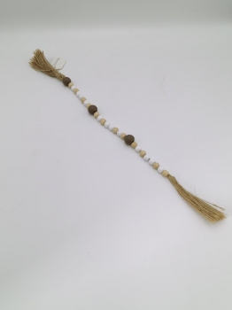 Brown and White Wood Bead Garland with Double Jute Tassels, Neutral Farmhouse Wooden Bead Hanging Decor