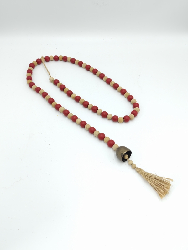 Red Natural Wood Bead Garland with Metal Bell and Long Jute Tassel, Festive Wooden Bead Hanging Decor