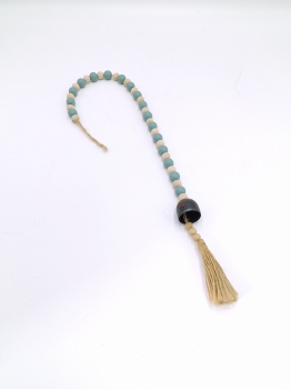 Teal and Natural Wood Bead Garland with Metal Bell and Jute Tassel, Rustic Wooden Bead Hanging Decor