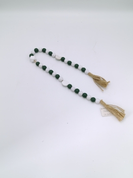 Green and White Wood Bead Garland with Double Jute Tassels, Rustic Wooden Bead Hanging Decor