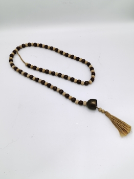 Dark Brown Natural Wood Bead Garland with Metal Bell and Jute Tassel, Rustic Wooden Bead Hanging Decor