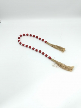Red and White Wood Bead Garland with Double Jute Tassels, Festive Wooden Bead Hanging Decor