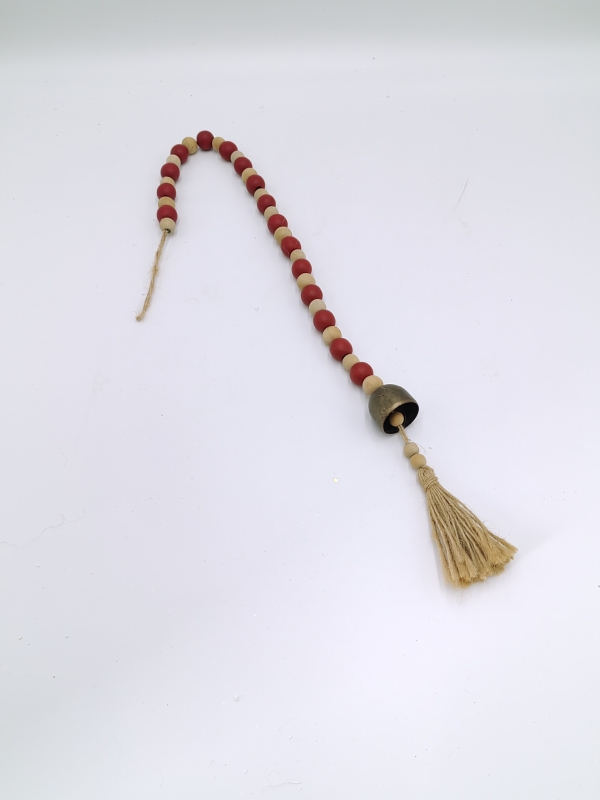Red and Natural Wood Bead Garland with Metal Bell and Jute Tassel, Festive Wooden Bead Hanging Decor